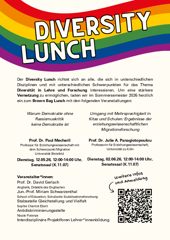 Plakat zum Diversity Lunch im SoSe 2026. Alle enthaltenen Informationen befinden sich im Akkordeon unter den Bilder.